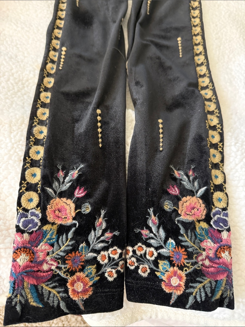 Johnny Was Black Velvet Leggings with Floral Embroidery
